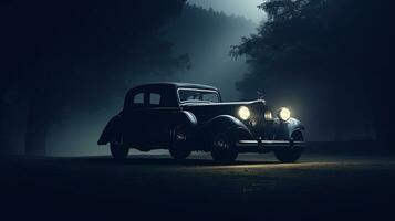 Selective focus on dark background showcasing a vintage car silhouette with glowing lights in low light photo