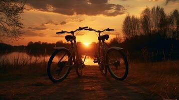 puesta de sol silueta de dos bicicletas en un verano paisaje foto
