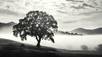 monocromo imagen de un enorme roble árbol en un brumoso California Pendiente a amanecer. silueta concepto foto