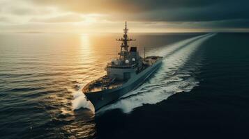 A bird s eye view of a warship at sea. silhouette concept photo