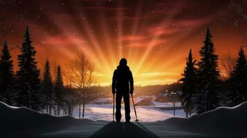 Skier s outline in urban winter park. silhouette concept photo