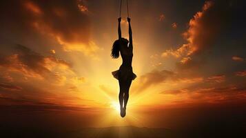 Girl gymnast flying on a rope in the sky against a sunset backdrop. silhouette concept photo