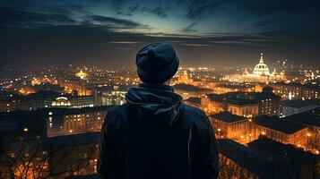 Hipster photographer in a baseball cap reflects on the beautiful evening cityscape of Kiev soft focused lights illuminate the apartment blocks. silhouette concept photo