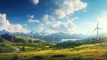 Clean and renewable energy production with wind turbines on a scenic summer mountain landscape. silhouette concept photo