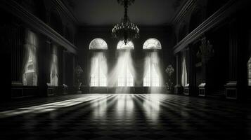 The aged opulent palace hall with monochrome tones. silhouette concept photo