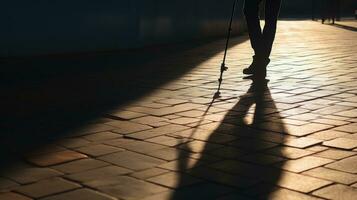 Limping person with cane shadow on ground Symbolizing disability old age blindness intense life. silhouette concept photo