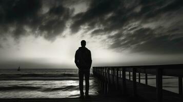 Man on pier observing monochromatic seascape. silhouette concept photo