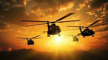 Five military helicopters silhouetted against a golden sunset sky photo