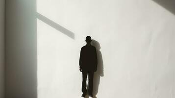 Photograph of man s shadow cast by bright room sunlight on a white wall. silhouette concept photo