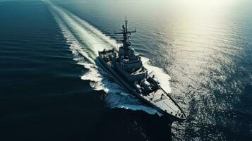A bird s eye view of a warship at sea. silhouette concept photo