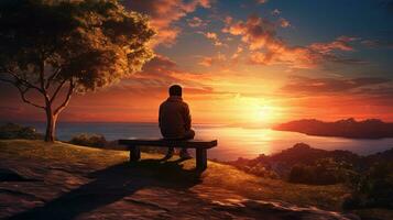 A bench in front of a sunset view with a boy sitting on it. silhouette concept photo