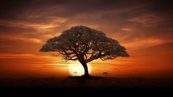 Tree in the sunset casting a shadow. silhouette concept photo