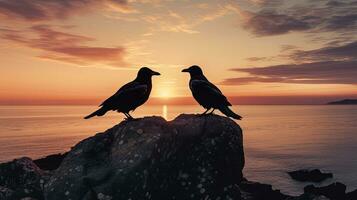 Two ravens standing on a stone with the sea as a backdrop. silhouette concept photo