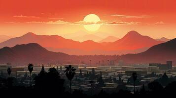 Sunrise over Pasadena California and San Gabriel Mountains with tree silhouettes and a red sky photo