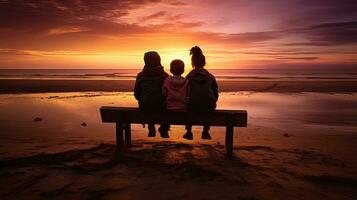 Tourism and summer holidays in northern France children on a beach bench vibrant sky tones with shadows. silhouette concept photo