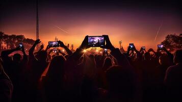 audiencia utilizando teléfonos inteligentes a capturar fotos a un En Vivo concierto. silueta concepto