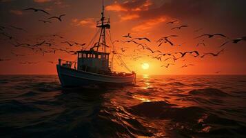 aves volador terminado un camarón pescar barco a puesta de sol en el abierto mar. silueta concepto foto