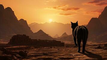 un gato camina por el montaña de Moisés en Egipto. silueta concepto foto