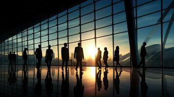 Silhouettes of people at a modern office building photo