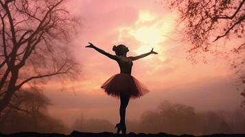 bailarina bailando en punta del pie al aire libre con rosado nubes y borroso arboles en el antecedentes. silueta concepto foto