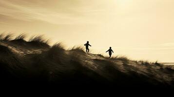 dos Niños corriendo en arena dunas cerca el Oceano a oscuridad con un sepia tonificado negro y blanco efecto. silueta concepto foto