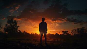 solitario hombre en puesta de sol s silueta foto