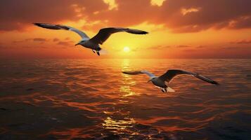 Seagulls flying over the sunset lit sea. silhouette concept photo