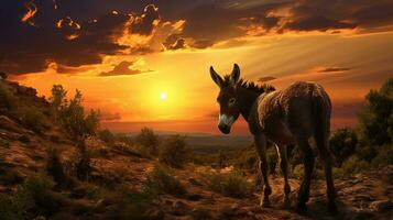 Donkey observing sunset in Bulgaria and its unique European form. silhouette concept photo