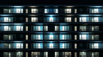 contemporáneo Noche arquitectura presentando uniforme ventanas y balcones en un residencial o hotel edificio. silueta concepto foto