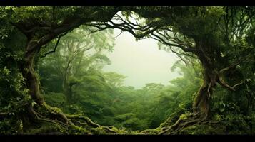 A natural archway formed by green branches in a panoramic forest scene. silhouette concept photo