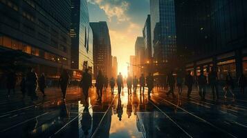 Silhouetted pedestrians crossing city center road photo