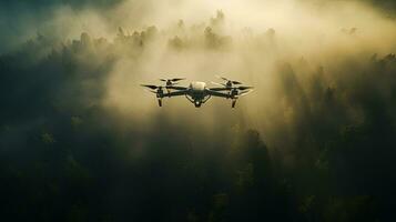 Early morning sunlight illuminates thick atmospheric fog enveloping a forest of trees as viewed from above by a drone. silhouette concept photo