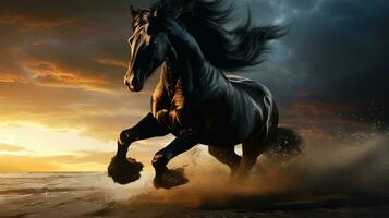 Black horse on the run. silhouette concept photo