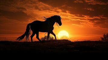 caballo silueta en medio de puesta de sol mientras pasto foto