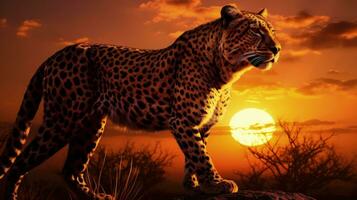 Sundown image of a quick African cat. silhouette concept photo