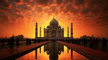 puesta de sol fondo con taj mahal en agra India. silueta concepto foto