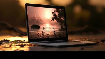 Laptop focused on closest area. silhouette concept photo