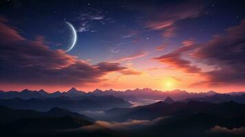 puesta de sol nubes con ardiente matices Luna y estrellas encima un montaña describir. silueta concepto foto