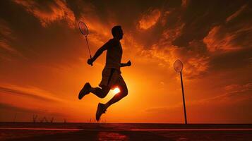 bádminton jugador s silueta durante dorado hora puesta de sol foto