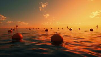 Restrictive orange sea buoys for safe swimming. silhouette concept photo