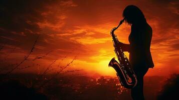 noche saxofón actuación. silueta concepto foto