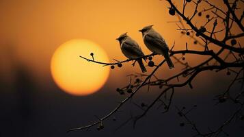 Pair of waxwing birds outlined by the full moon at dusk. silhouette concept photo