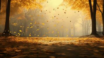 Falling leaves create a picturesque autumn scene in a park. silhouette concept photo