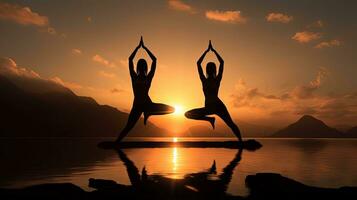 dos mujer haciendo yoga a amanecer. silueta concepto foto