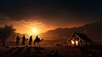 Evening desert nativity scene during Christmas. silhouette concept photo