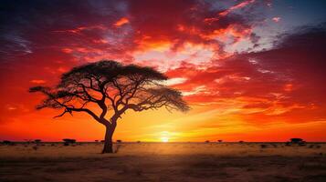 puesta de sol en africano llanuras con acacia árbol kalahari Desierto sur África. silueta concepto foto