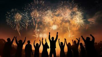 People watching fireworks and marking the new year. silhouette concept photo