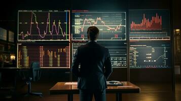 the man, investor, analyzes the securities market. Projector Screen Shows Graphs,view back.ai generative photo