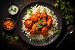 Delicious Plate of Butter Chicken and Rice, top view, dark background. photo