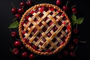 Overhead View of Delicious Cherry Pie , dark background. photo